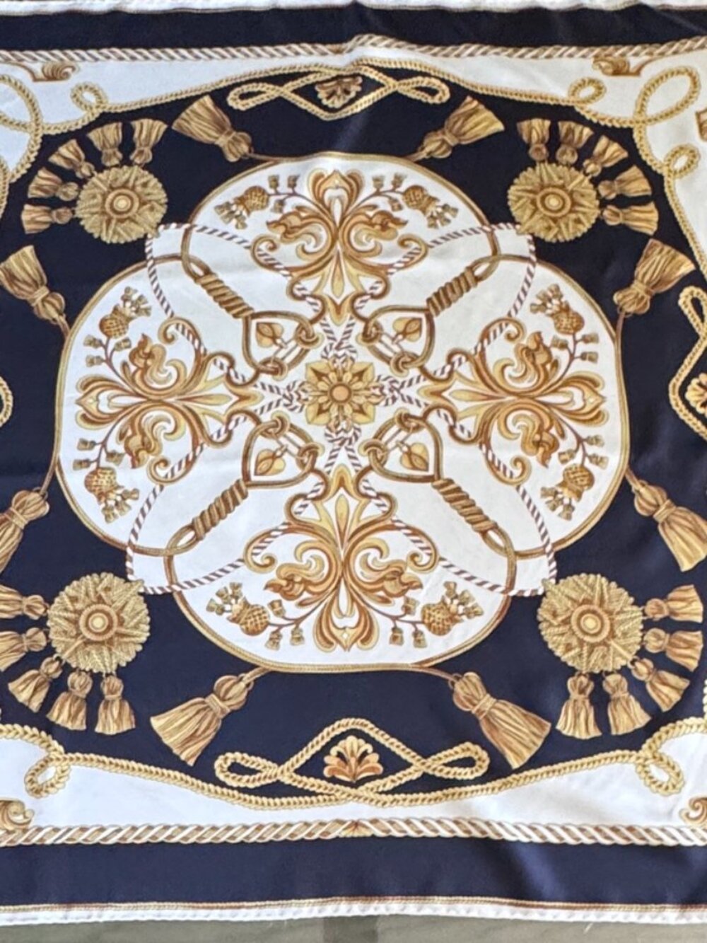Zita Vintage Silk Scarf, Navy/Gold Baroque Print, 30"x30", Excellent Condition
